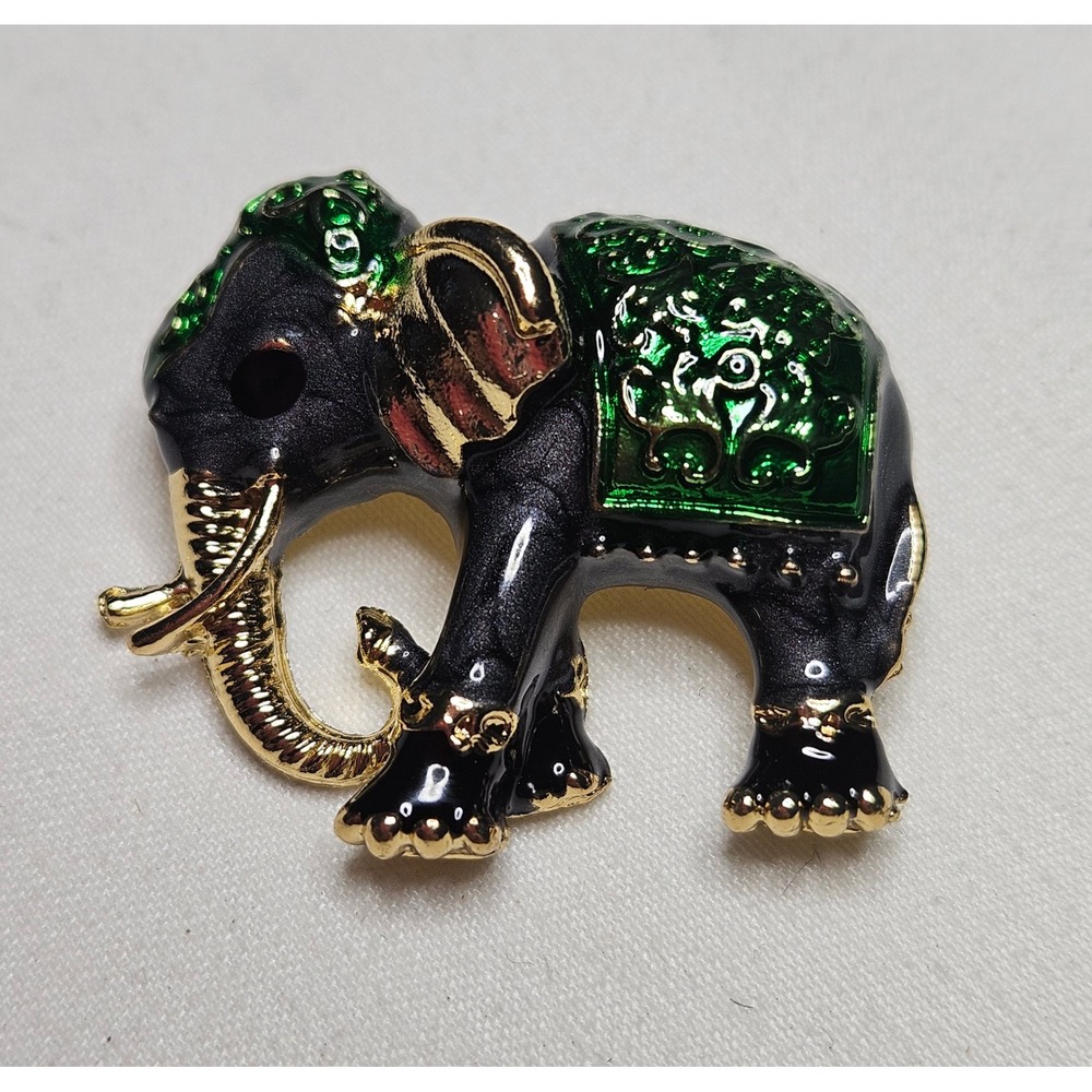 Elephant Brooch Pin Womens OS Black Green Gold Enamel Lucky Animal Boho